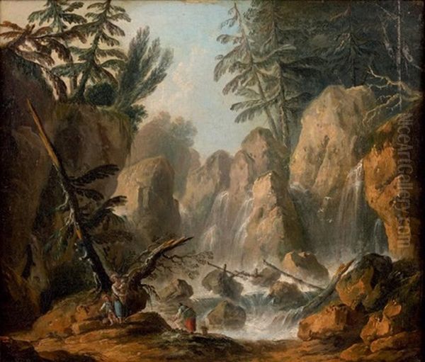 Lavandieres Au Bord D'une Cascade De Montagne Oil Painting by Louis-Philippe Crepin