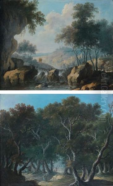 Paysage De Sous Bois Anime De Promeneurs (+ Paysage De Torrent Anime De Promeneurs Et D'un Berger Et Son Troupeau; Pair) Oil Painting by Louis-Philippe Crepin