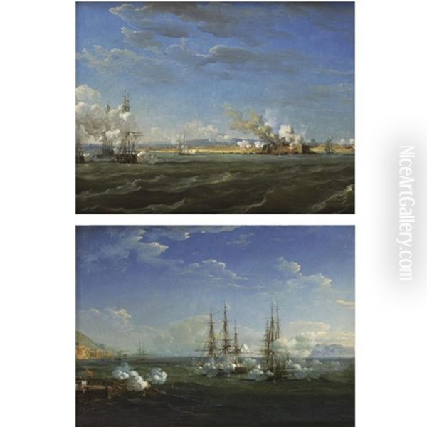 The Battle At Nafplion (+ Another, Lrgr; Pair) Oil Painting by Louis-Philippe Crepin