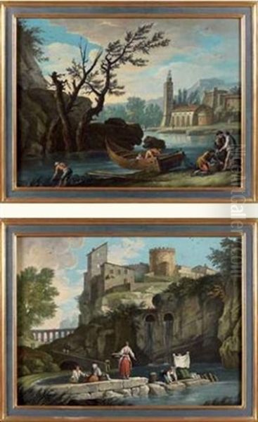 Lavandieres Devant Une Forteresse (+ Pecheurs Pres D'une Eglise; Pair) Oil Painting by Louis-Philippe Crepin