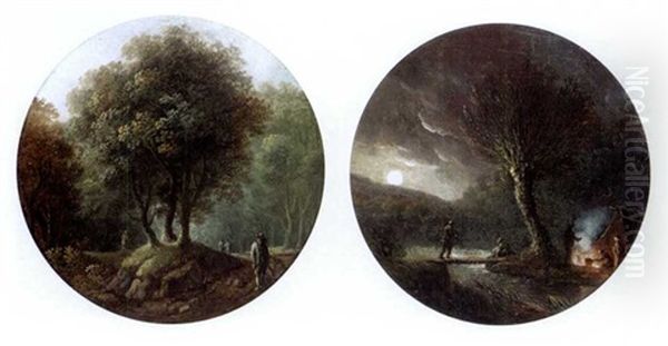 Wooded Landscape With Figures On A Track (+ Nocturnal River Lanscape With Figures Cooking Over A Fire, 1789; Pair) Oil Painting by Louis-Philippe Crepin