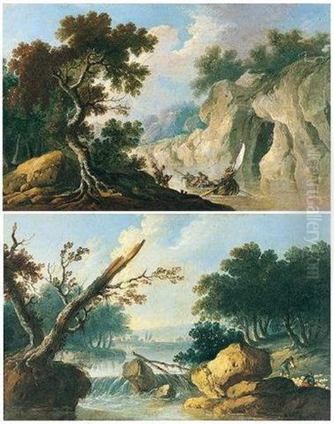 River Landscape With Shepherds And Travellers by Louis-Philippe Crepin