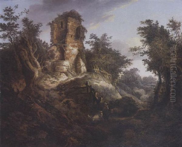 Paysage Boise Et Accidente Agremente De Ruines Avec Berger Et Troupeau Oil Painting by Louis-Philippe Crepin