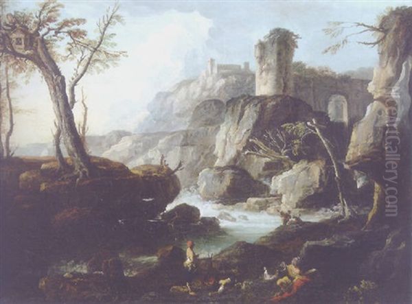 A Rocky River Landscape With Figures Around A Fire Oil Painting by Louis-Philippe Crepin