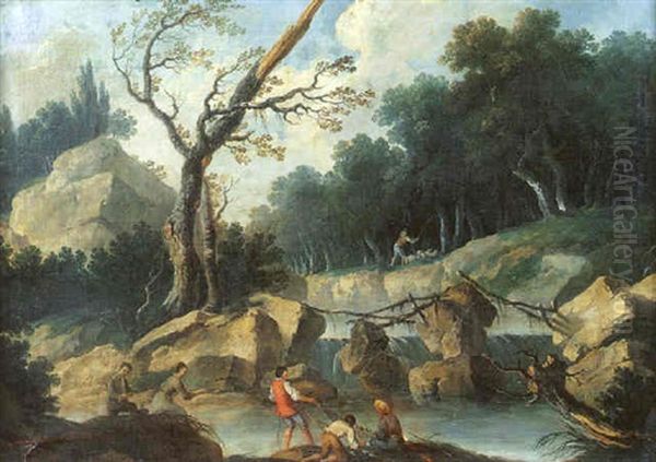 Pecheurs Ramassant Leur Filet Dans La Riviere Oil Painting by Louis-Philippe Crepin