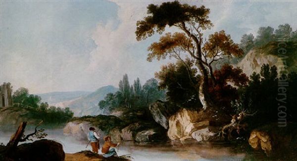 River Landscape With Fishermen Oil Painting by Louis-Philippe Crepin