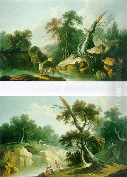 Bergers Et Pecheurs Dans Un Paysage Fluvial Avec Une Cascade Oil Painting by Louis-Philippe Crepin