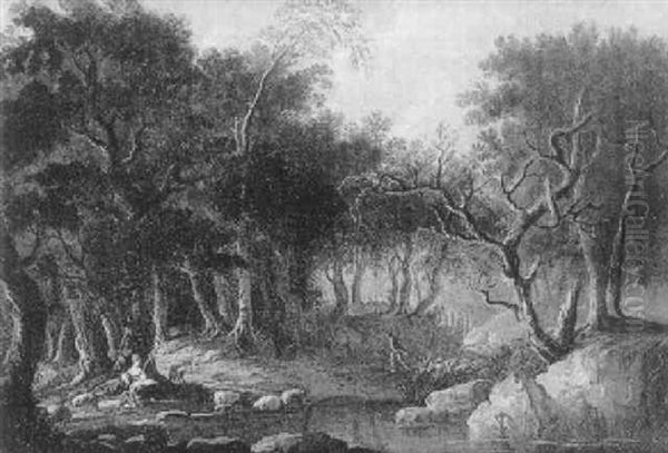 Paysage Fluvial Boise Avec Bergere Et Troupeau by Louis-Philippe Crepin