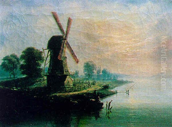 Paysage Avec Moulin Et Pecheurs Au Bord De La Riviere by Louis-Philippe Crepin