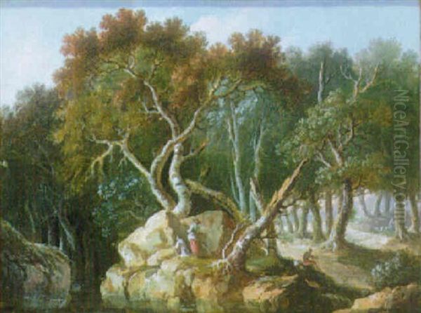 Wooded Landscape With Figures Beside A Pool Oil Painting by Louis-Philippe Crepin