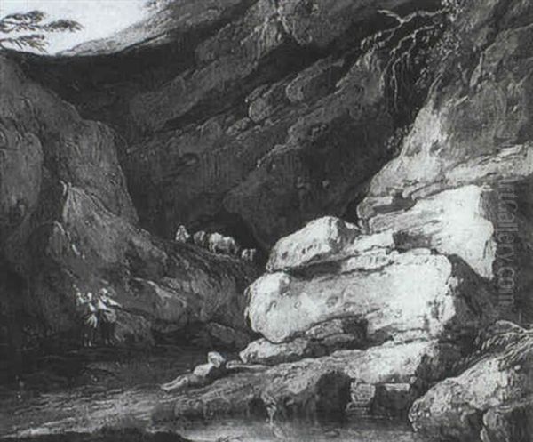 Paysage Aux Rochers Et A La Source, Anime De Personnages Et Troupeau Oil Painting by Louis-Philippe Crepin