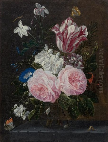 Bouquet Of Flowers In A Glass Vase With Butterflies And A Small Caterpillar On A Stone Plinth by Jean-Baptiste Crepu