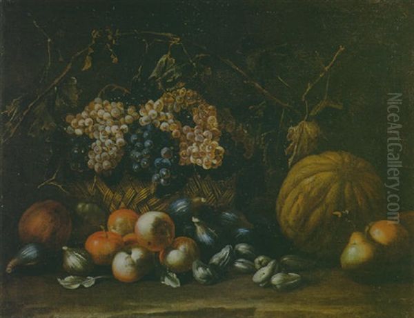 Natura Morta Con Mele, Fichi, Pero E Cesto Di Uva Oil Painting by Giovanni Battista Crescenzi