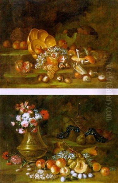 Natura Morta Con Uva, Melograni, Funghi E Bacile In Ottone Oil Painting by Antonio Crespi