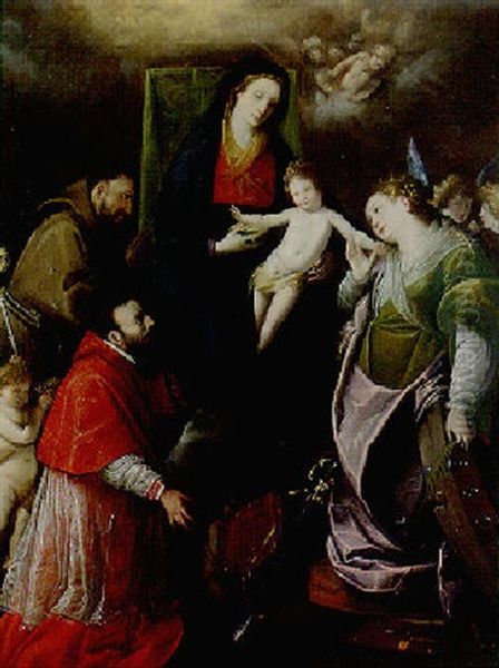 The Madonna And Child With Saints Catherine, Francis And Charles Borromeo Oil Painting by Giovanni Battista Crespi (il Cerano)