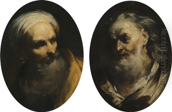 Study Of A Bearded Man Wearing A Turban, Head And Shoulders, Looking Right; Study Of An Elderly Bearded Man, Looking Left Oil Painting by Giuseppe Maria Crespi