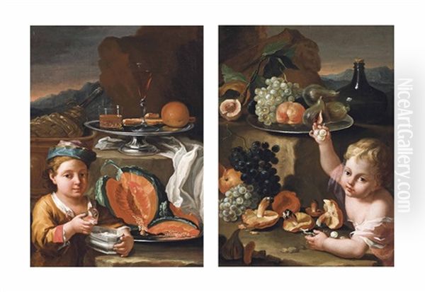 A Boy In A Rocky Landscape Eating A Pumpkin On A Silver Platter, With An Orange, Glasses And Sweatmeats On A Silver Tray On A Partly Draped Ledge, Beside A Wine Jug In A Bowl (+ A Boy Eating Grapes With Mushrooms And Peaches In A Rocky Landscape, With Fig Oil Painting by Giuseppe Maria Crespi