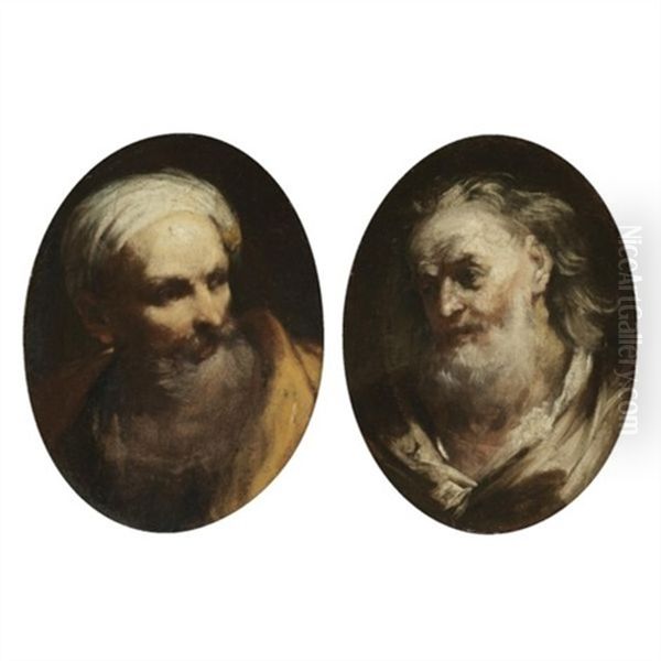 Study Of A Bearded Man, Head And Shoulders, Wearing A Turban And Looking Right (+ Study Of An Elderly Bearded Man, Head And Shoulders, Looking Left, Smaller; Pair) Oil Painting by Giuseppe Maria Crespi