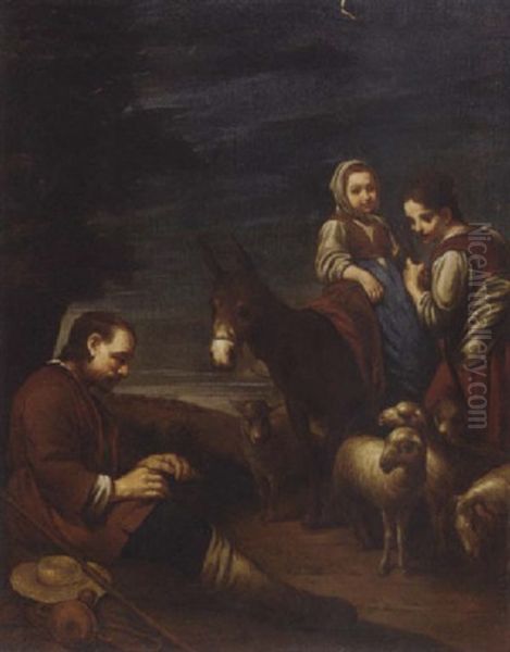 A Shepherd, Shepherdess And Child With A Flock Of Sheep Oil Painting by Giuseppe Maria Crespi