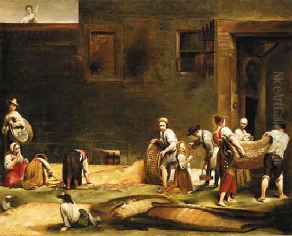 Peasants Making Silk: Carrying And Spreading Cocoons Oil Painting by Giuseppe Maria Crespi