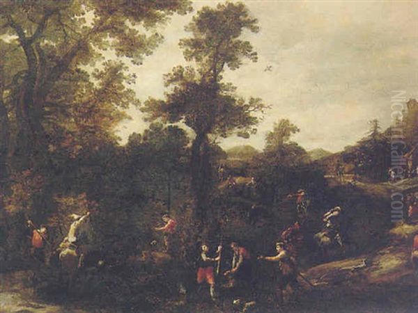 A Wooded Landscape With A Boar Hunt Oil Painting by Giuseppe Maria Crespi