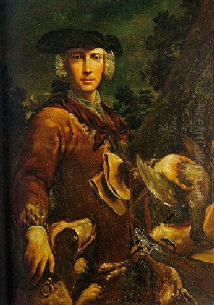 Portrait Of A Huntsman With His Dog And Game, In A Landscape Oil Painting by Giuseppe Maria Crespi