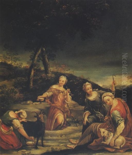 Four Shepherdesses In A Landscape Oil Painting by Giuseppe Maria Crespi