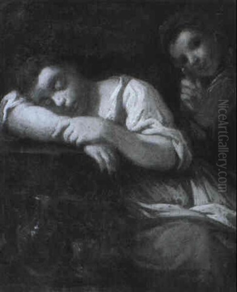 Drunken Maid Asleep Watched By A Youth Oil Painting by Giuseppe Maria Crespi