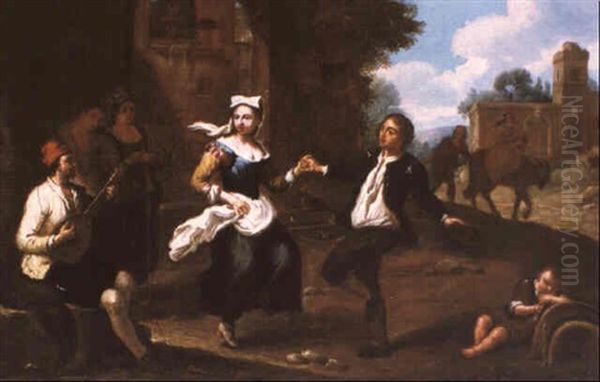 Landscape With Peasants Dancing To A Mandolin Oil Painting by Giuseppe Maria Crespi