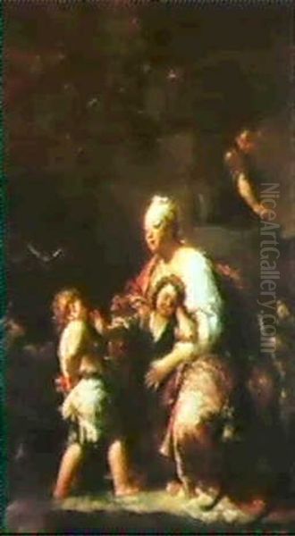 Donna Con Due Bambini Che Bisticciano Oil Painting by Giuseppe Maria Crespi