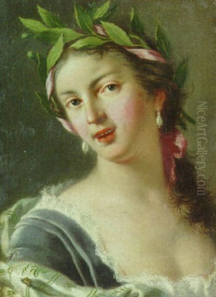 Portrait Of A Lady, Bust-length, In A Blue Dress, Crowned With A Laurel Wreath Oil Painting by Luigi Crespi