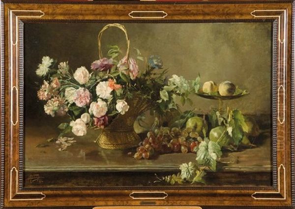 Nature Morte A La Corbeille De Fleurs Et Aux Fruits Oil Painting by Adolphe Louis Charles Crespin