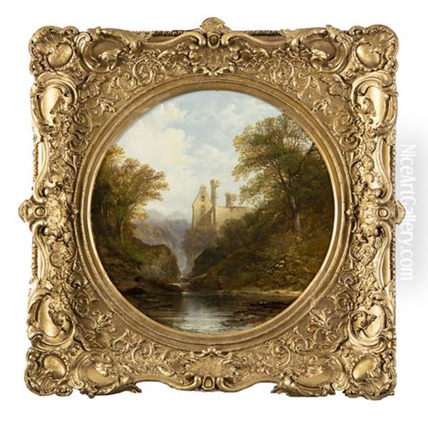 Fisherman By Ruins In A Wooded River Landscape Oil Painting by Thomas Creswick