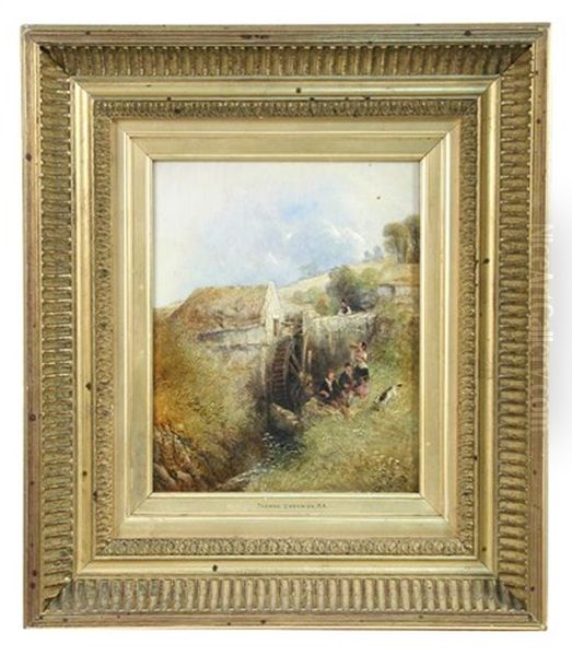 Children With Their Dog Playing By A Watermill Oil Painting by Thomas Creswick