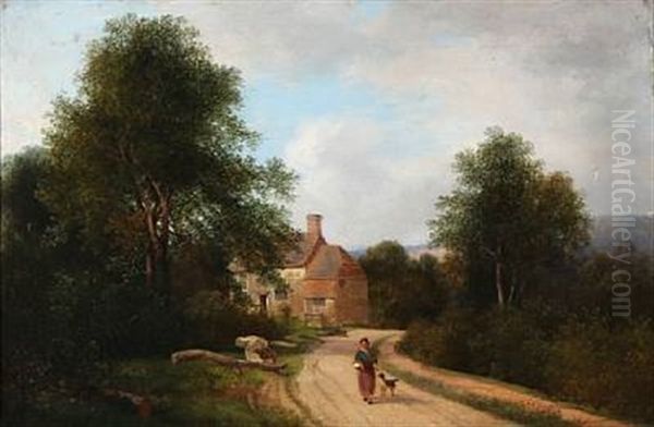 A Woman On A Road Oil Painting by Thomas Creswick