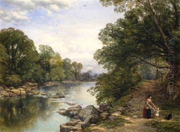 A Mother And Child On A Path By A River Oil Painting by Thomas Creswick