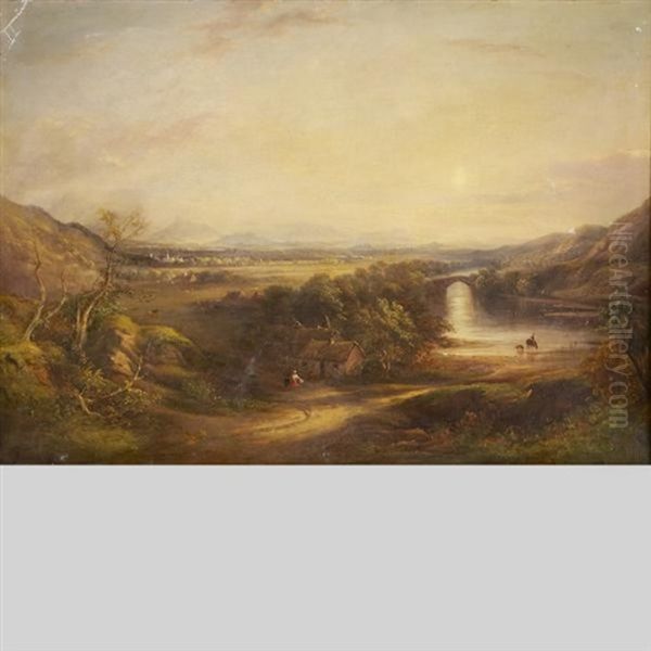 Travellers In An Extensive Landscape With Bridge And City View In The Distance Oil Painting by Thomas Creswick