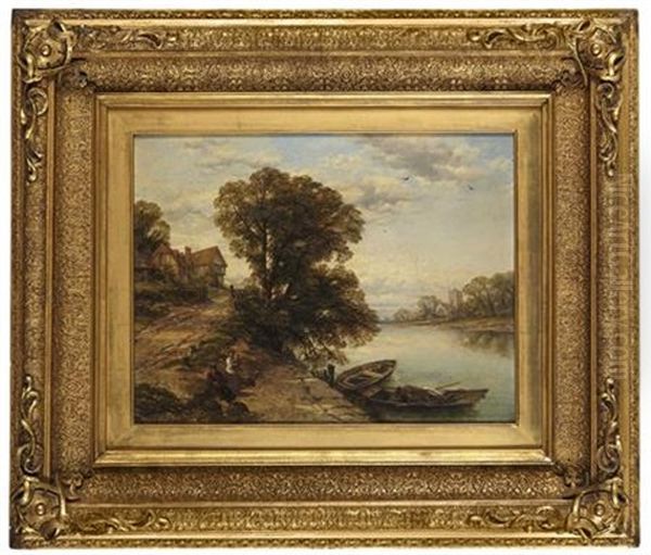 Mending Eelpots; River Landscape With River And Bridge (pair) Oil Painting by Thomas Creswick