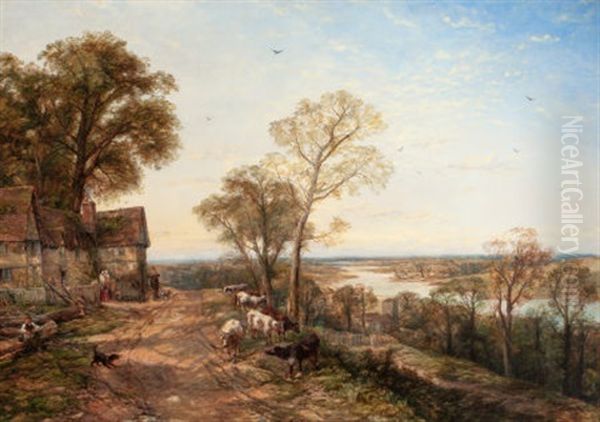 River Scene With Cottage And Grazing Cattle, Near Bala, North Wales Oil Painting by Thomas Creswick