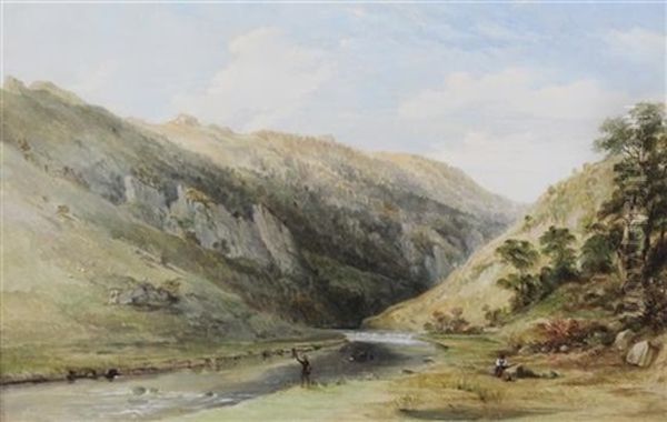 Anglers In A Mountain Landscape And Artist Overlooking A Valley (pair) Oil Painting by Thomas Creswick