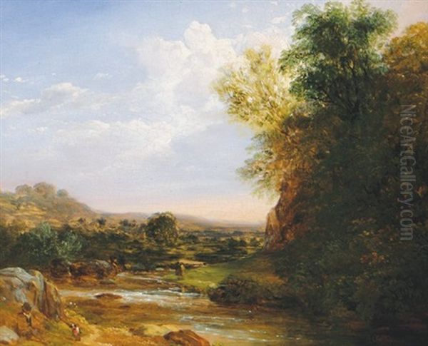 Figures By A River Oil Painting by Thomas Creswick