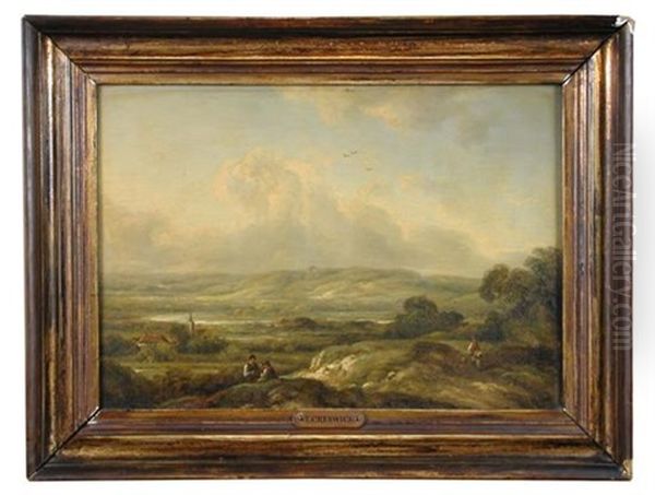 Landscape With Shepherds Sitting On A Knoll With A Church And Lake In The Background Oil Painting by Thomas Creswick