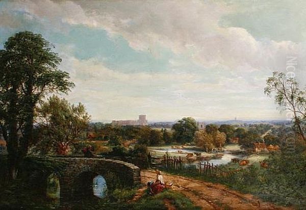 Travelers On A Bridge With A Landscape Beyond Oil Painting by Thomas Creswick