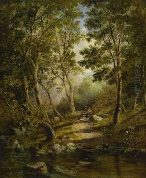 Wanderer Mit Hund Am Waldbach Oil Painting by Thomas Creswick