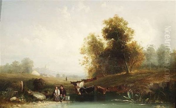 Englische Weidelandschaft Mit Einer Rinderherde. An Einer Furt Ein Rastendes Bauernpaar Oil Painting by Thomas Creswick