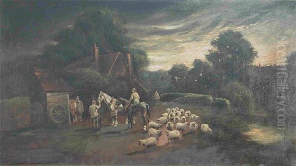 Figures, Horses And Sheep By A Cottage Oil Painting by Thomas Creswick