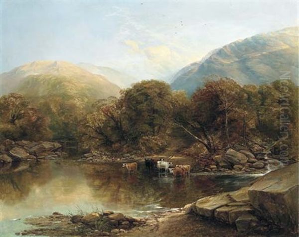 Afternoon: Cattle Watering By A Lake In A Mountainous Wooded Landscape Oil Painting by Thomas Creswick