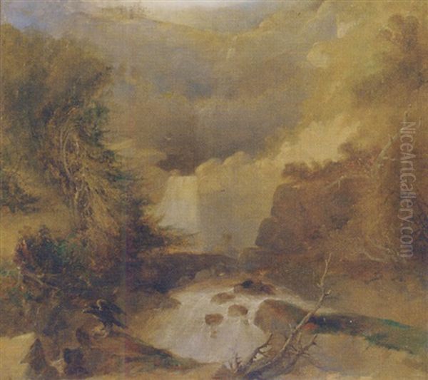 Katterskill Fall Oil Painting by Thomas Creswick