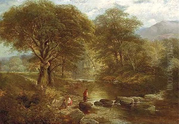 Figrues By A River In The Woods Oil Painting by Thomas Creswick