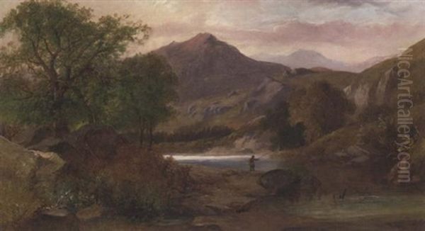 An Angler In An Extensive Landscape Oil Painting by Thomas Creswick